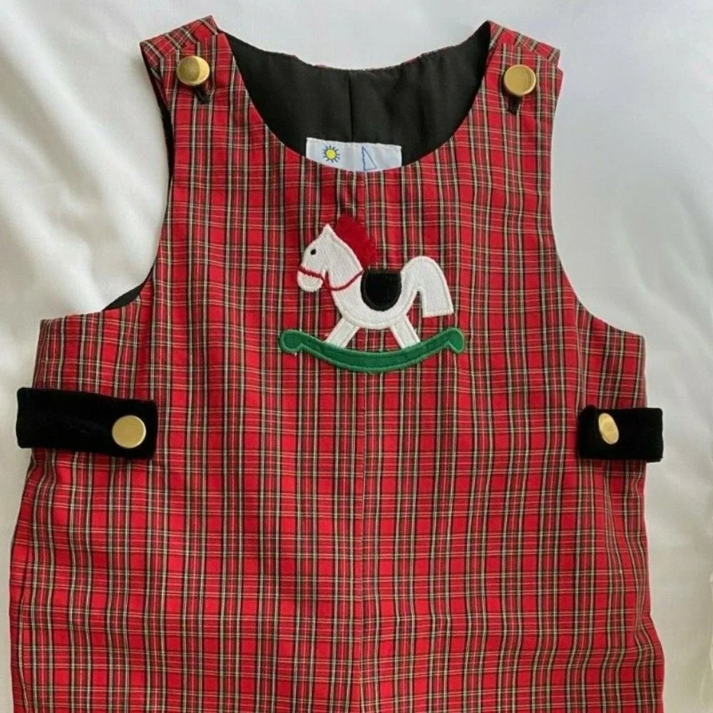 Florence Eiseman NWT Baby Boy Red Holiday Plaid Rocking Horse Longall Overall 9M